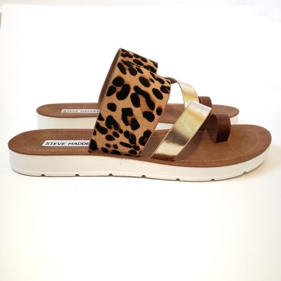 Steve Madden Brown and Gold Abia Leopard Print Sandals, Flip Flops Size 9 - Picture 1 of 8